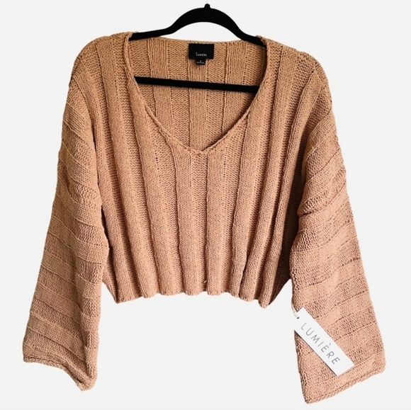 NWT Lumiere V–Neck Oversized Cropped Boho Chenille Sweater Wide Sleeves Small - Picture 1 of 7